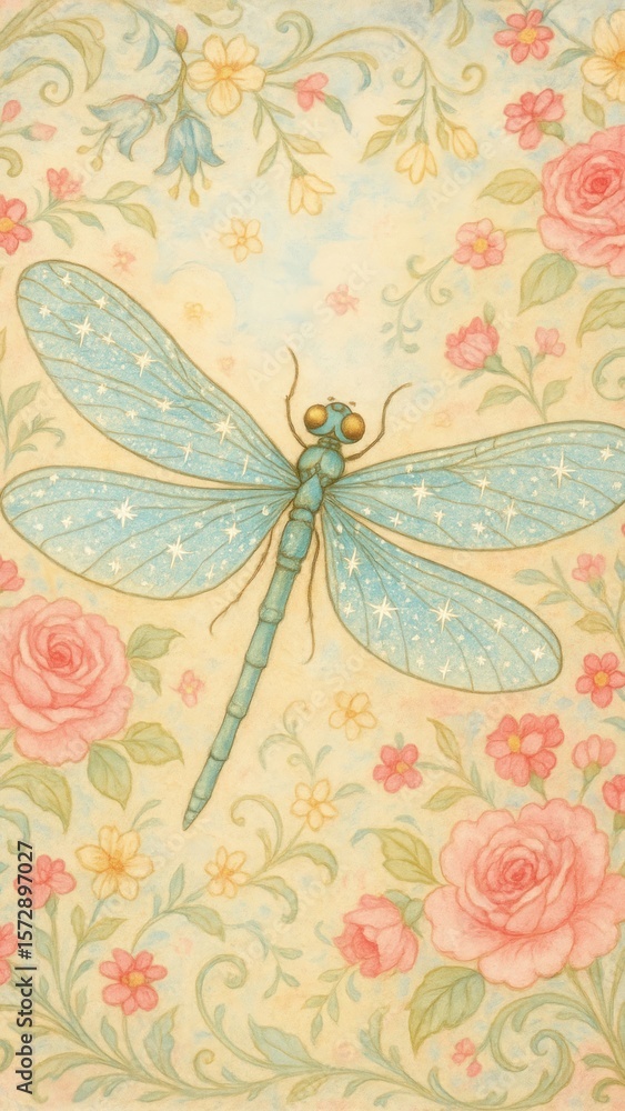 Obraz premium Whimsical dragonfly amidst floral elegance.