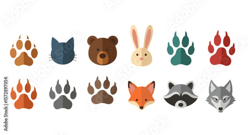 Illustration showing animal faces and paw prints including bear fox wolf and rabbit