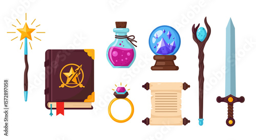 Illustration of a magic wand, book, potion, crystal ball, ring, scroll, staff and sword