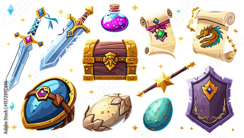 Illustration of fantasy game assets including swords shields potions and treasure chest