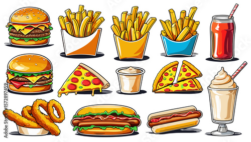 Illustration of various fast food items including burgers, fries, pizza, and drinks