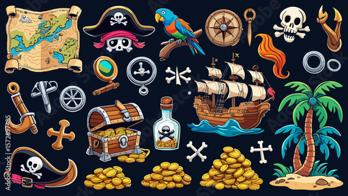 A cartoon illustration featuring pirate themed elements such as a map and treasure chest