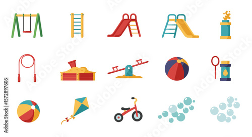 Illustration of playground equipment and toys including swings slide and sandbox items