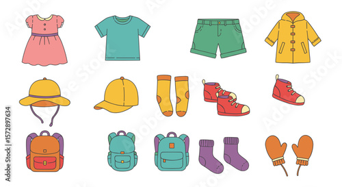 Illustration of various colorful clothing items including shirts shorts and backpacks