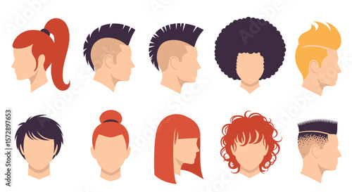 Illustration showcasing diverse hairstyles including mohawks, afros, and various ponytails