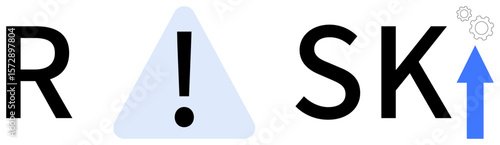 Word RISK integrates alert triangle for caution and upward blue arrow suggesting growth. Ideal for business strategy, risk analysis, decision-making, finance, innovation, problem-solving, simple