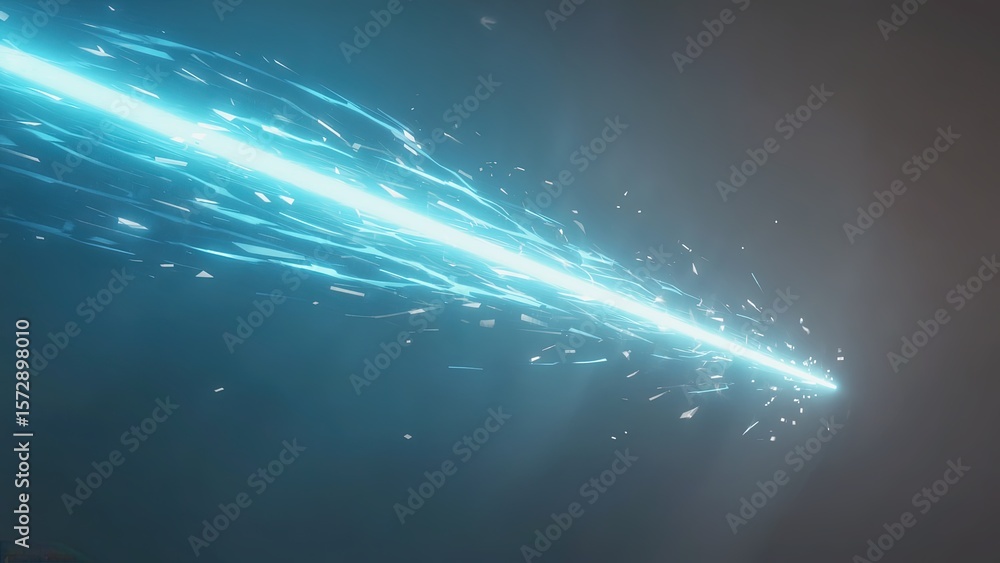 Fototapeta premium Bright blue electric beam shooting through dark space with glowing trails and shards surrounding it