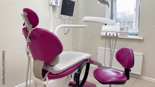 Empty dentists office. Modern dental clinic interior with dentist chair and tools for oral care and hygiene. video