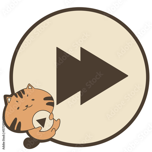 Illustration of fast-forward button with little orange cat. Cute fast-forward button illustration isolated on transparent background.