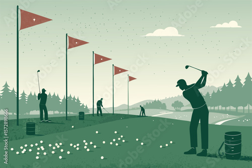 Stylized vector golf driving range with multiple flags.