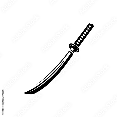 Silhouette of a traditional Japanese katana sword, angled, showing blade and handle details.