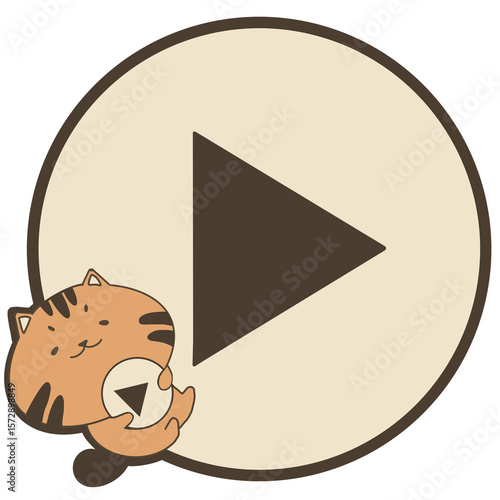Illustration of play button with little orange cat. Cute play button illustration isolated on transparent background.