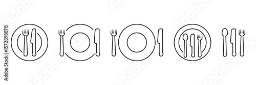 Dining utensils and plate arrangement icon set of cutlery fork knife spoon tableware vector illustration for restaurant kitchen food service decoration.