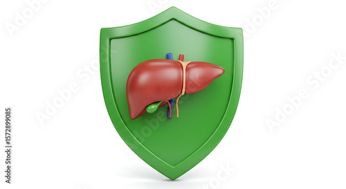 A stylized liver is protected by a vibrant green shield, symbolizing liver health, protection, and medical wellness in this conceptual healthcare render, conveying safety and treatment.