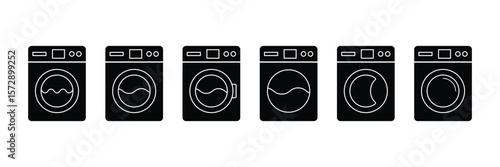 Washing machine filled icon set of front load laundry cleaning appliance with spin cycle design for household utility vector illustration.