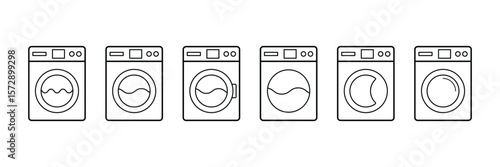 Washing machine cycle process front load appliance icon vector illustration set for laundry equipment cleaning technology user interface display.