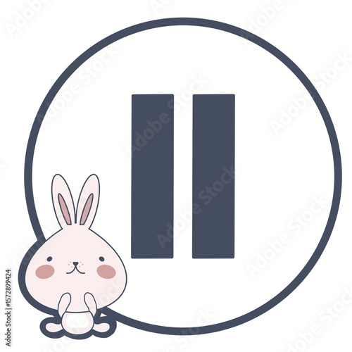 Illustration of pause button in white and deep blue color with little pink bunny. Cute pause button illustration isolated on transparent background.