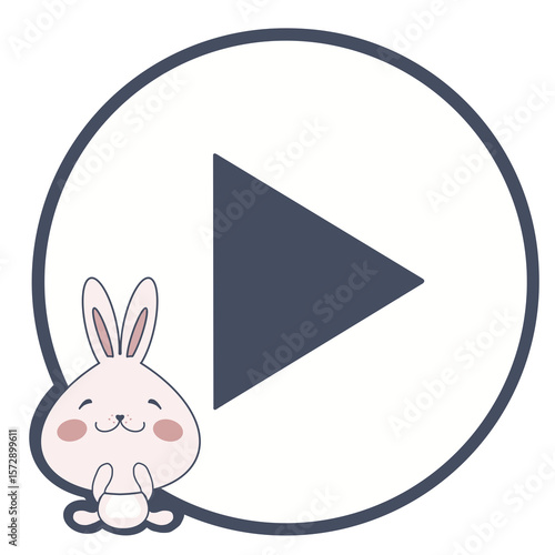 Illustration of play button in white and deep blue color with little pink bunny. Cute play button illustration isolated on transparent background.