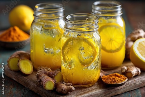 Pineapple turmeric tonic in mason jars with ice, fresh ginger, and lemon slices on wooden board, showcasing vibrant colors and refreshing drink concept for health enthusiasts