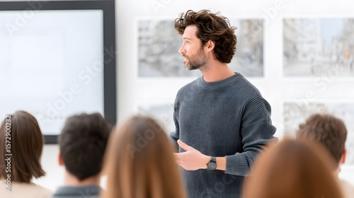 Young entrepreneur giving pitch presentation on digital screen