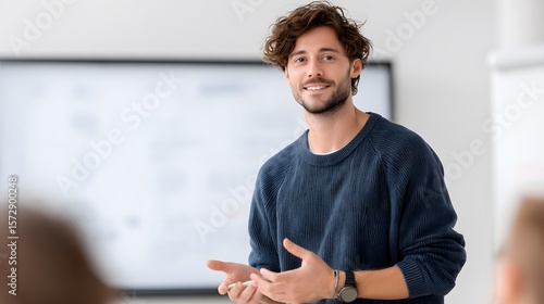 Young entrepreneur giving pitch presentation on digital screen