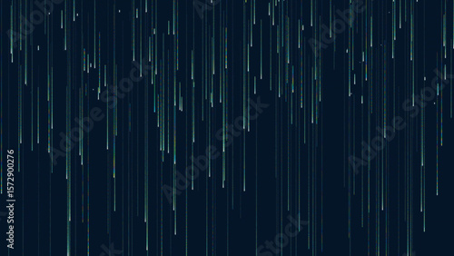 Abstract background of glowing colorful digital rain streaks falling vertically against a dark blue background