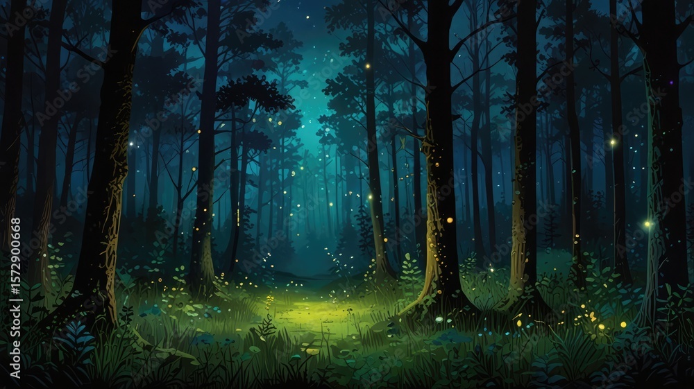 Naklejka premium A mystical forest scene, illuminated by glowing lights and a path.