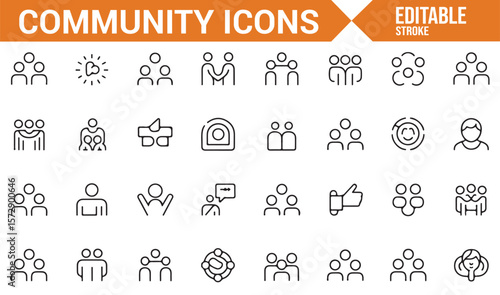 Set of Icons for Community Engagement, Group Collaboration, and Social Interaction