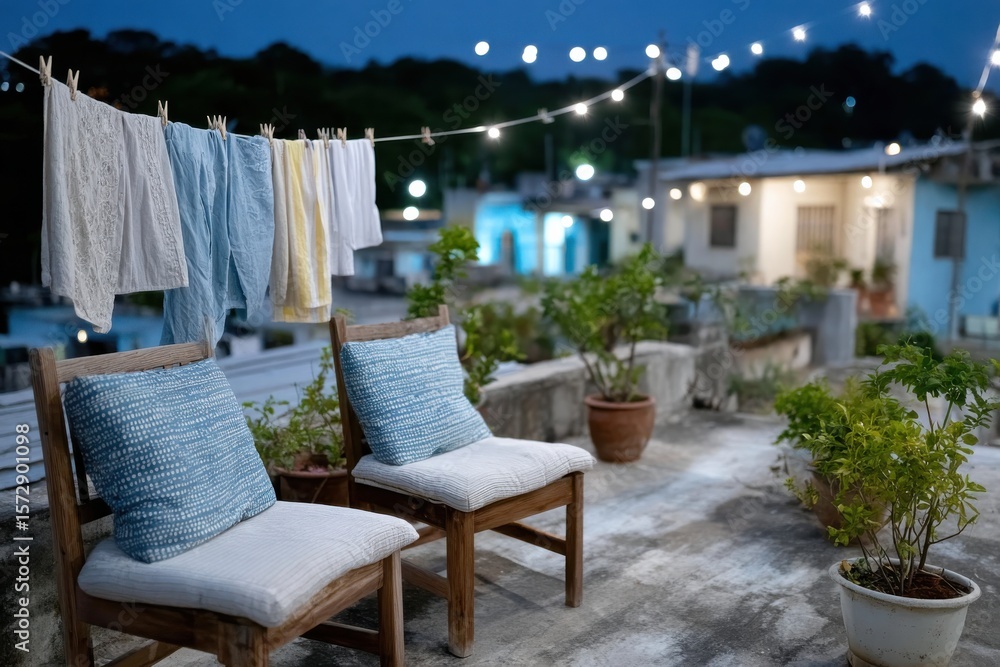 Fototapeta premium A beautifully arranged rooftop scene featuring hanging laundry, comfy chairs, and a tranquil ambiance created by ambient lighting against a twilight sky.