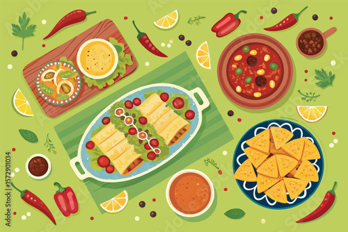 A vibrant, top-down vector view of a Mexican fiesta table.