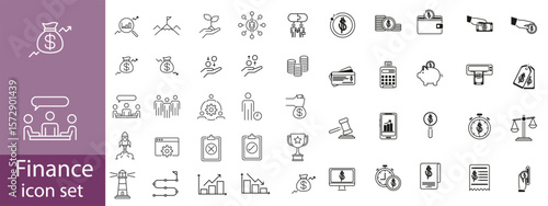Finance icon set. Money payments related icons: cash, bank, loan, budget, fund, earning, profit, business, wallet and more. Editable line icons. Vector illustration.