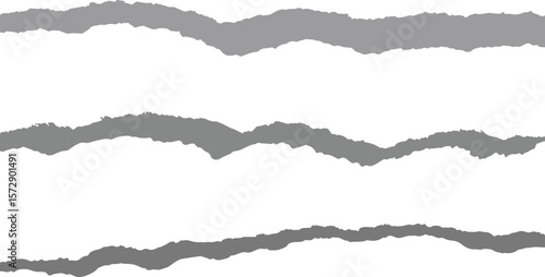 Three horizontal grey torn paper strips with rough edges on a white background