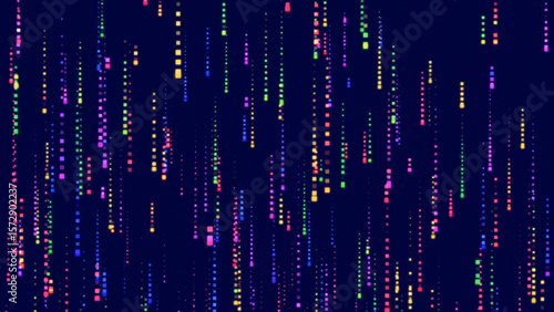 Abstract background of colorful glowing square particles falling like rain against a dark blue backdrop