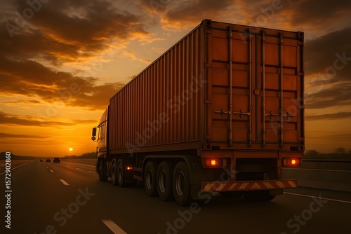 Powerful red semi truck hauling weathered container at golden hour highway sunrise