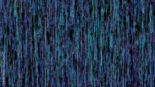 Abstract digital rain of blue and purple squares with glowing green streaks on a black background