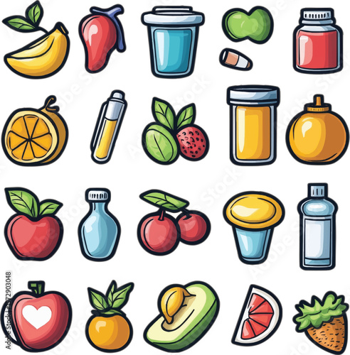 Fruit and vegetable icon set with colorful healthy food illustrations