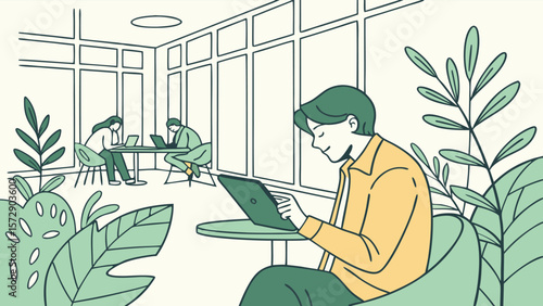 Young woman sitting on chair working on laptop computer in office cartoon illustration