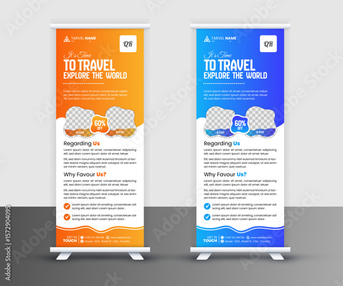 Rolling Display Stand for Tourism: Two eye-catching rolling display stands in vibrant orange and blue, elegantly showcase promotional materials for travel-related services.