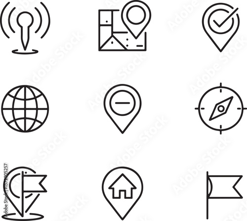 Diverse Set of Location and Navigation Icons Depicting Connection, Direction, and Place Featuring Common Symbols such as Globe, Pinpoint, and Signal