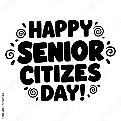 Happy Senior Citizens Day graphic design. Bold, stylized lettering with decorative swirls, celebrating an important day.