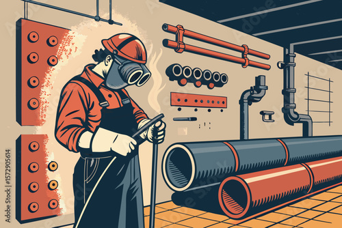 A vector illustration depicting a 1950s welding shop scene with a welder at work.