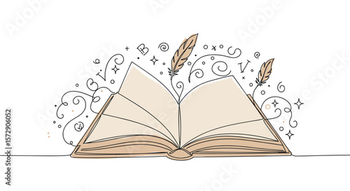 Open book in monoline vector illustration with soft parchment beige pages and flowing swirling letters, stars, and accents on white background