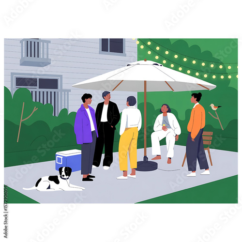 Friends Gathered for Backyard Party with Dog and String Lights