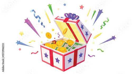 Open gift box filled with gold coins and cash surrounded by colorful confetti and stars on white background
