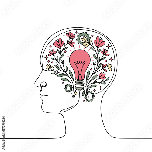 Wallpaper Mural Human head in profile in monoline vector illustration with soft lilac brain and flowing swirling thoughts, stars, and blooming flowers on white background Torontodigital.ca