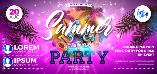 Summer Party Banner Design Template with Flower, Speakers and Beach Holiday Elements on Pink Background. Vector Summer Music Celebration Illustration with Palm Leaves for Festival Flyer, Invitation or