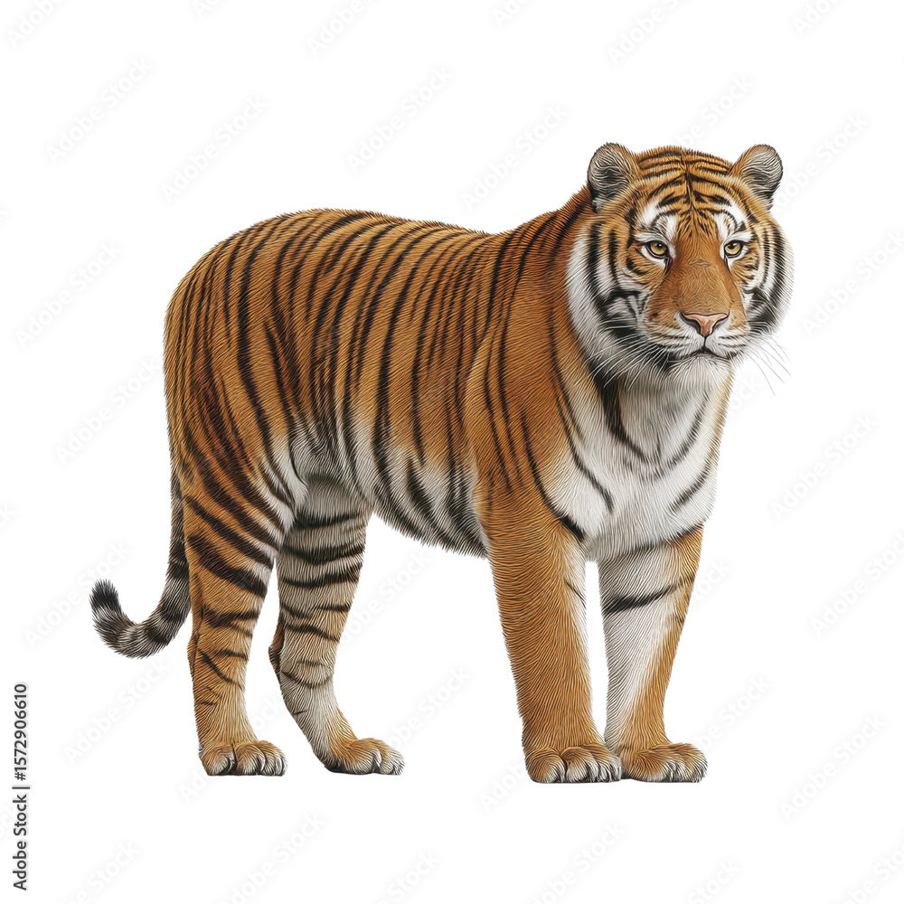 Fototapeta premium Realistic Illustration of a Majestic Tiger Standing Boldly in Its Natural Habitat with Striking Coloration and Detail Transparent background or png