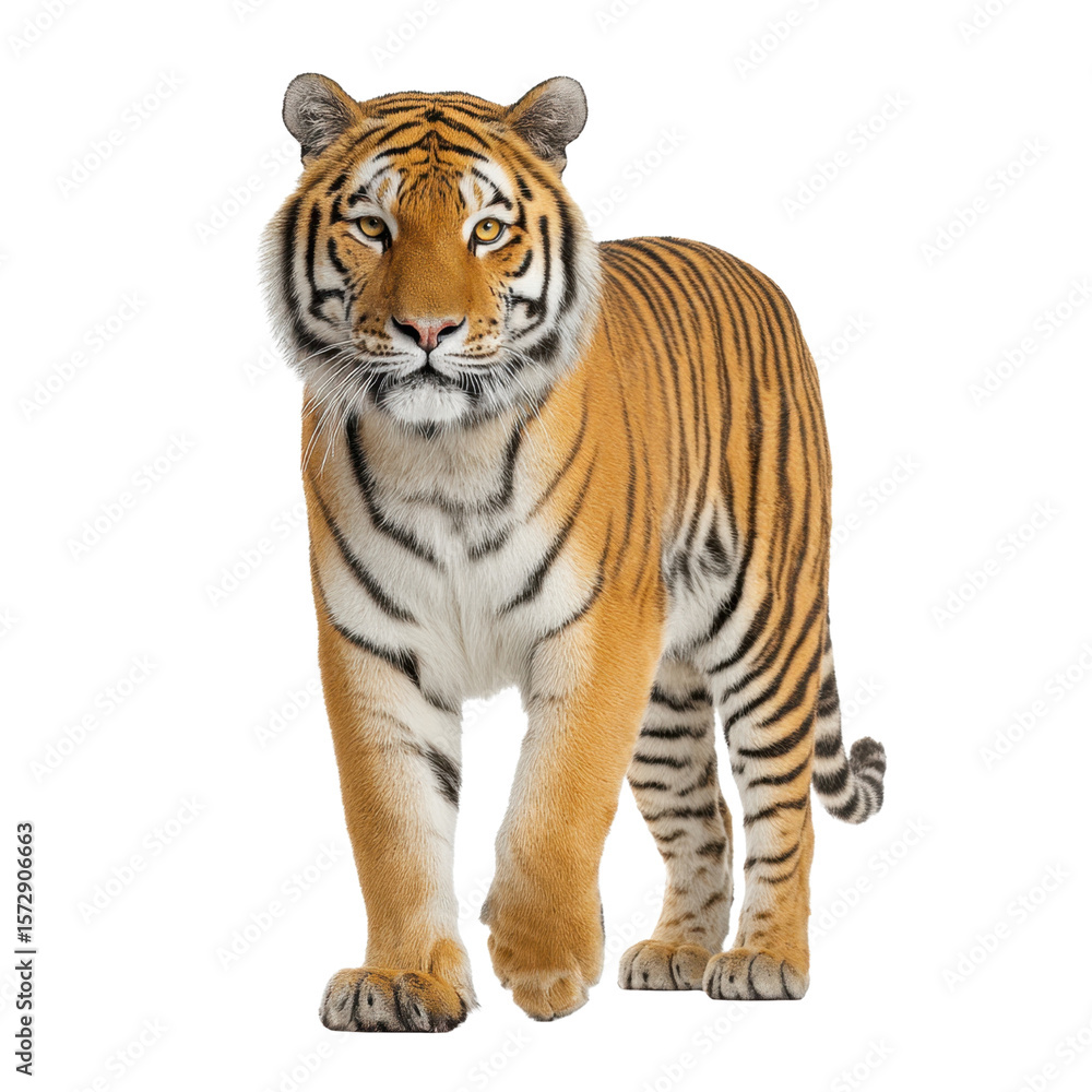 Fototapeta premium Majestic tiger standing confidently in a natural habitat showcasing its striking orange and black striped fur and fierce expression Transparent background or png
