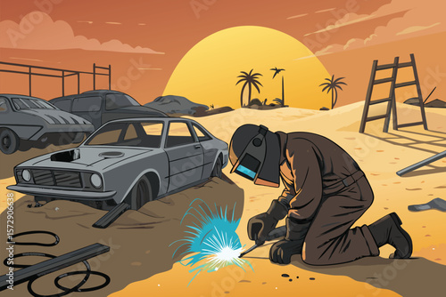 A vector illustration of a welder working in a desert scrapyard, amidst rusty metal and sand.
