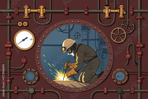 A vector illustration depicting a welder at work within the confined, intricate space of a ship's engine room.